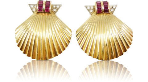 ruby Diamond Yellow Gold Scalloped Earrings